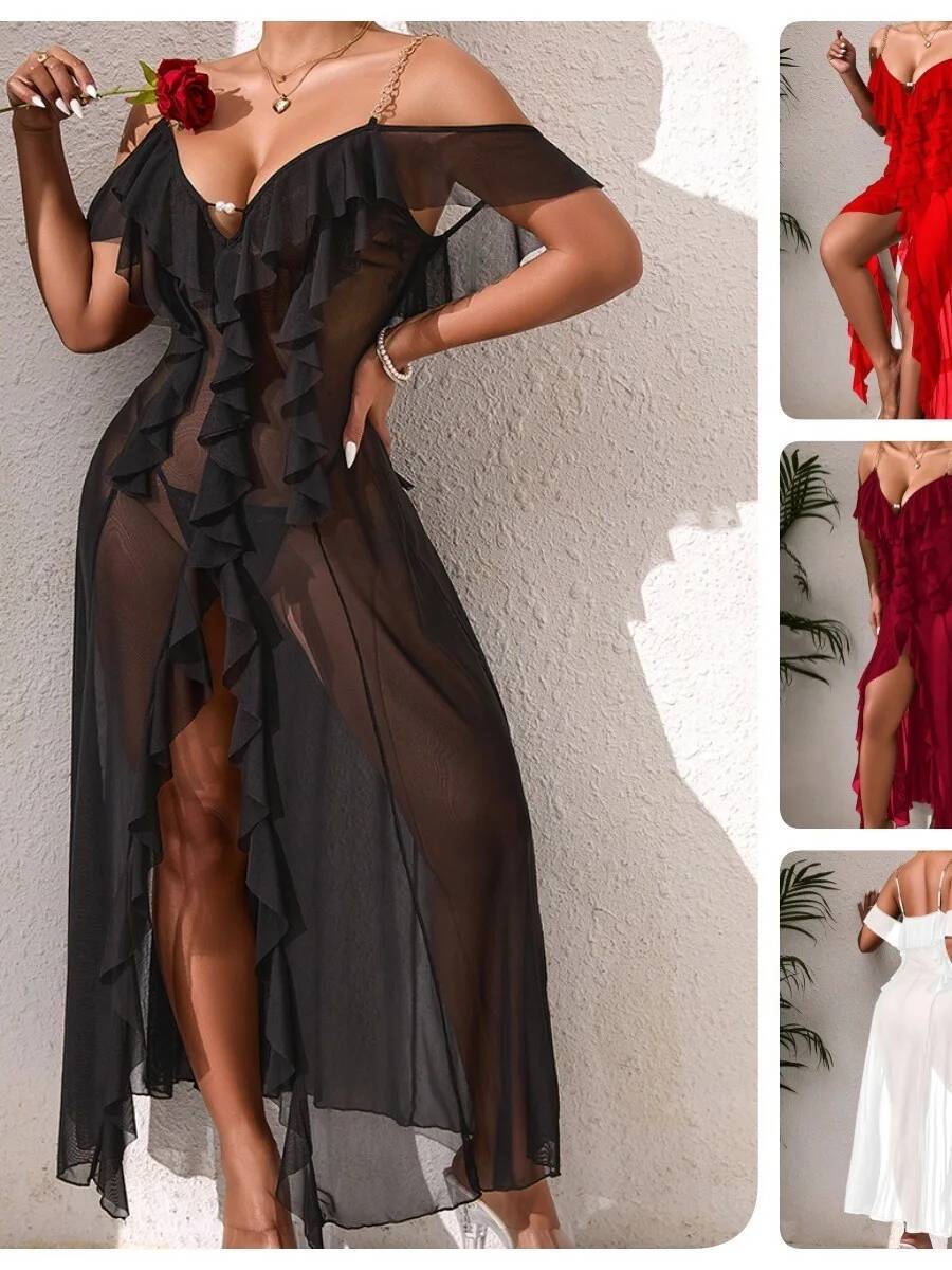Solid Color Mesh Nightdress Wi - Mesh Strap Metal ulasan dan harga