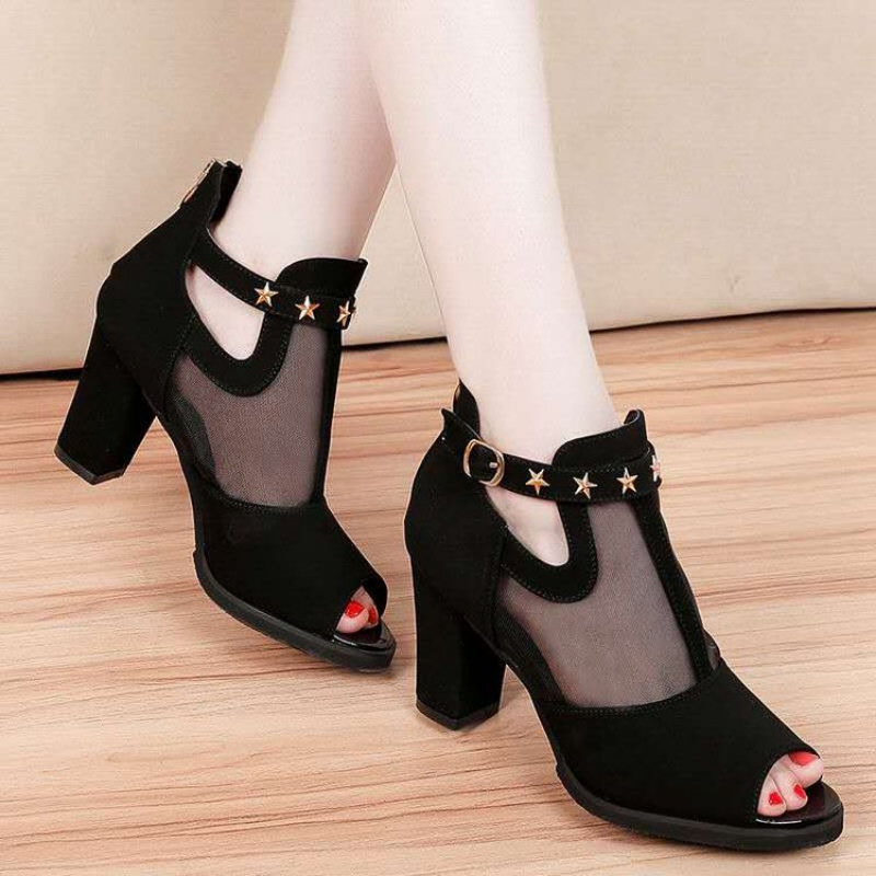 Mesh Peep Toe Block High Heels - Mesh Strap Metal ulasan dan harga