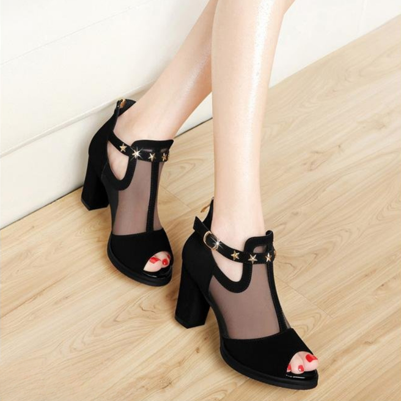 Mesh Peep Toe Block High Heels - Mesh Strap Metal ulasan dan harga
