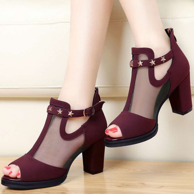 Mesh Peep Toe Block High Heels - Mesh Strap Metal ulasan dan harga